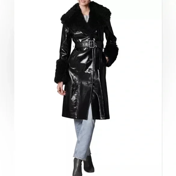 7 FOR ALL MANKIND vegan leather Patent Faux Fur Trimmed Trench Coat size M - Picture 8 of 11